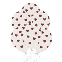 Ballons en latex blancs avec coeurs de 30 cm - PartyDeco - 6 unités