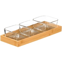 Ensemble plateau en bambou avec 3 coupelles en verre pour apéritif